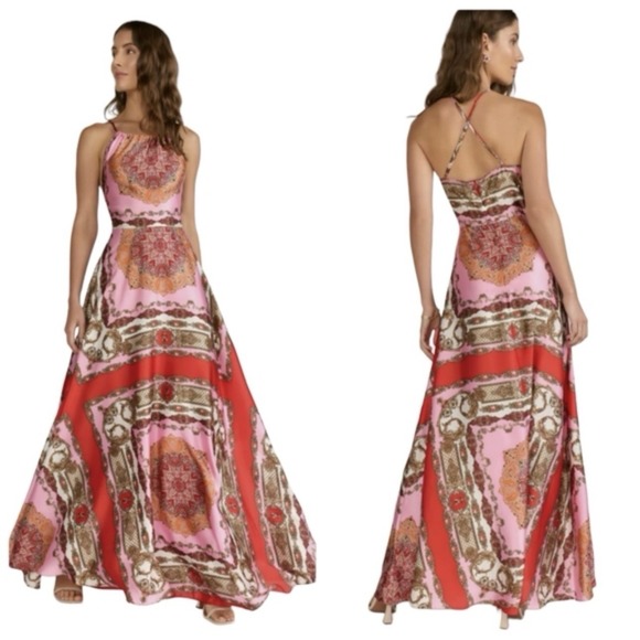 Aakaa Geometric Maxi Dress Size Large Pink Orange Red Multi Classic Halter Neck - Picture 10 of 12